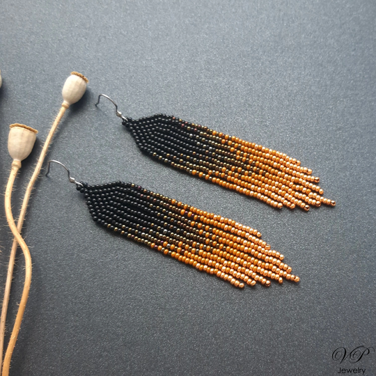 Golg Beaded Earrings Seed Bead Chandelier Dangle Beadwork Evening Earrings