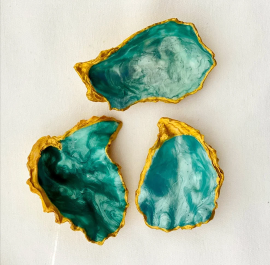 Oyster Shell Trinket Dish | Hand Painted Jewelry Salt Pinch Pot Gold & Aqua Sercy