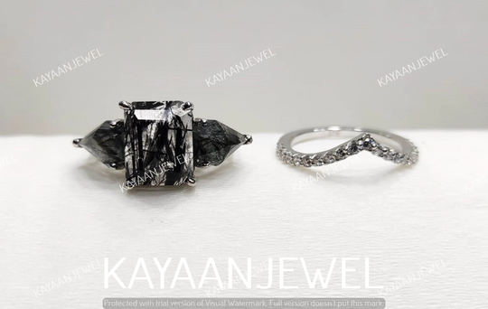 Four Prong 2.50 Carat Salt & Pepper Emerald Cut Diamond Engagement Wedding Bridal Ring Set in 925 Sterling Silver, Three Stone Ring, Gifts