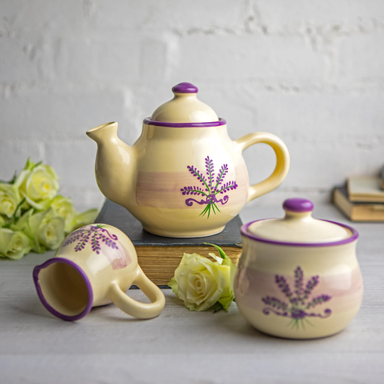 Ceramic Tea Set, Handmade Teapot Small Teapot, Milk Jug, Sugar Bowl Stoneware Pottery, Purple Lavender Floral