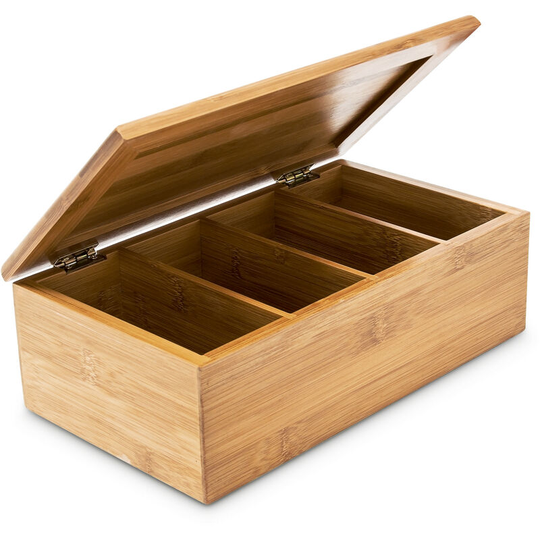 Bamboo Tea Box, Size: 9 x 28.5 x 16 cm, Tea Chest With 4 Compartments & Lid For 80 Tea Bags, Wooden Jewellery Box, Natural Brown - Relaxdays