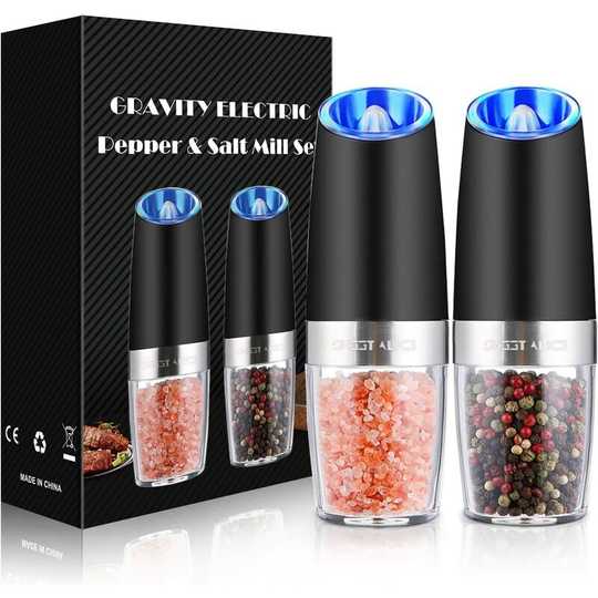 Joorrt - Gravity Electric Pepper and Salt Grinder Set, Adjustable Coarseness, Battery Powered with led Light, One Hand Automatic Operation, Stainless