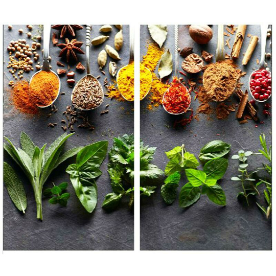 Set of 2 Glass Chopping Cutting Board Induction Ceramic Hob Cover Worktop Saver (Spoons & Herbs)