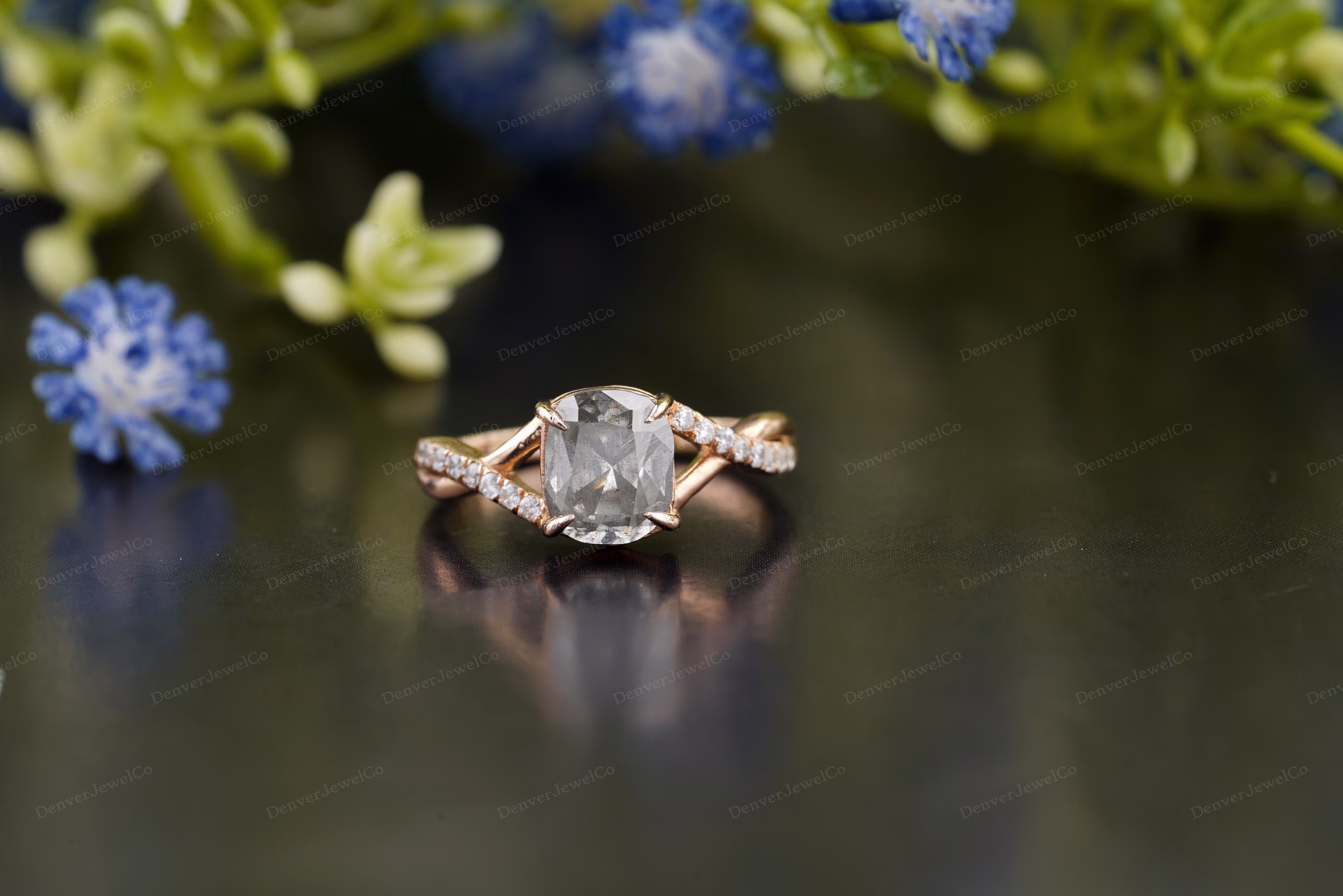 Salt & Pepper Diamond Ring, Cushion Cut Black Salt Pepper Engagement Engagement Ring Gold