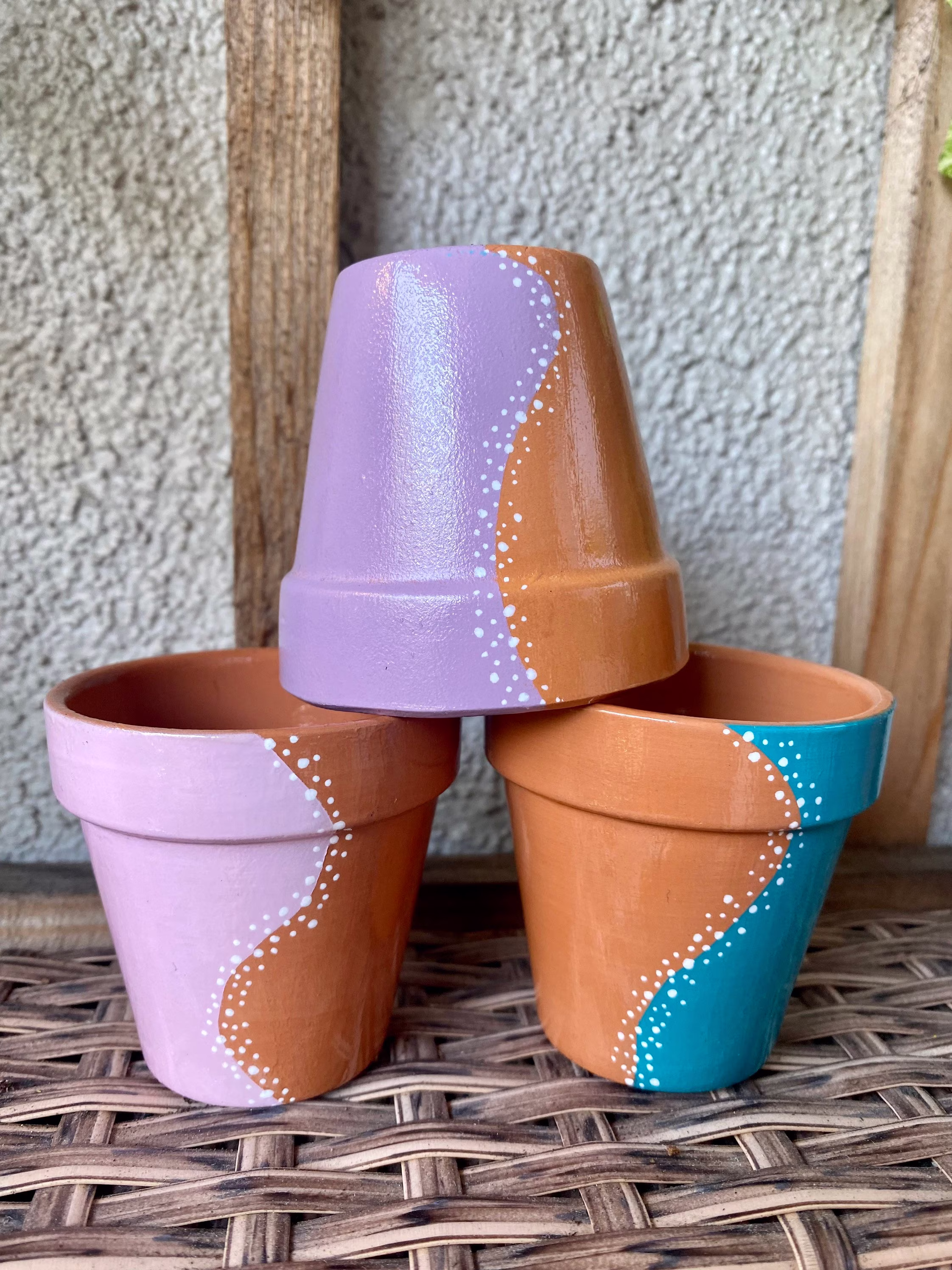 Terracotta Pot 2.5 Hand Painted Dotted Waves - 3 Colors