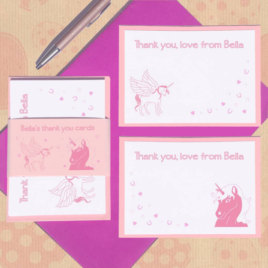 Personalised Unicorn Thank You Note Card Set, Pink/Powder Blue/Blue