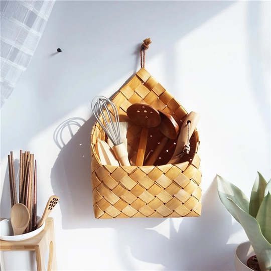 Wall Flower Planter Hanging Hand-Woven Wicker Basket Wood Storage Rattan Portable Organizer