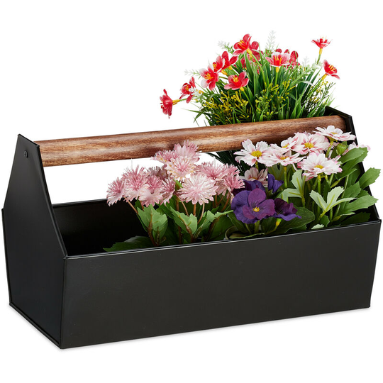 Relaxdays - Zinc Box With Wooden Handle, Decor - Tool Box, Flowers & Herbs, Balcony, Planter, Galvanized Iron, Black