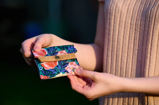 Floral Mini Wallet, Organic Cotton & Vegan Cork Credit Card Holder, Small Wallet With Slot & Coin Pouch, Gift For Her