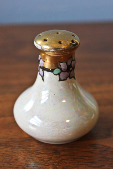White Lusterware Hand Painted Gold & Floral Detailed Shaker, Circa 1940S, Forties Era Shaker With Violet Flowers
