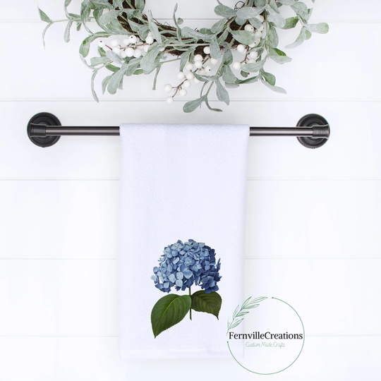 Kitchen Or Bath Hand Towel, Blue Hydrangea Decor, Elegant Powder Room Guest Velour Towel