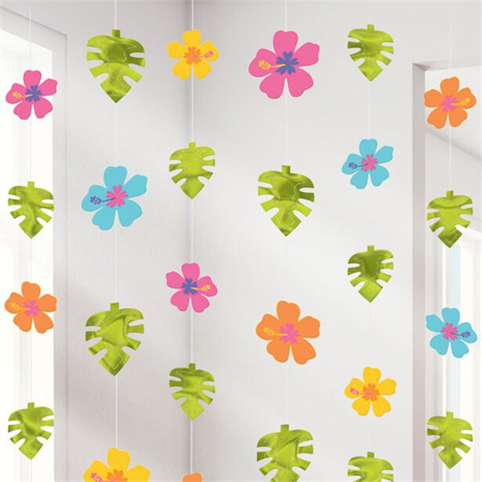 Pack Of 6 Hibiscus Hanging Strings - 2.1M Hawaiian Decoration Birthday Party Decorations