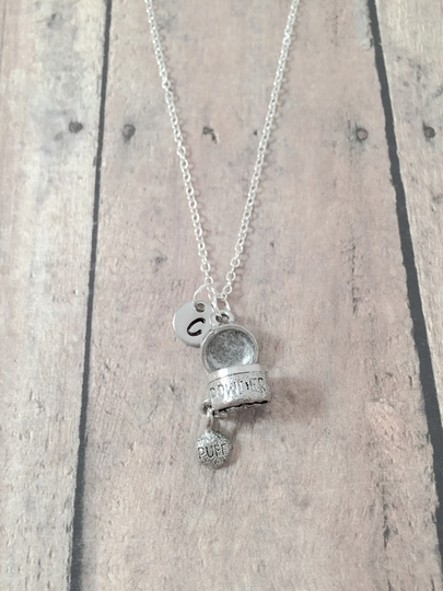 Powder Initial Necklace - Cosmetics Jewelry, Make Up Artist Powder Puff Necklace, Makeup Gift