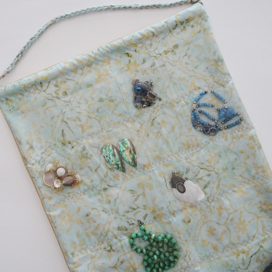 Jewelry Organizer, Accessory Aqua Beige Batik Fabric Clear Pocket Wall Hang Gift For Her
