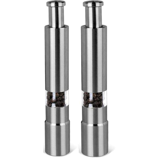 Stainless Steel Pepper Mills with Push Button, Salt and Pepper Mill Set for Peppercorns, Sea Salt, Spices, Tabletop Seasoning Mills (2pcs)