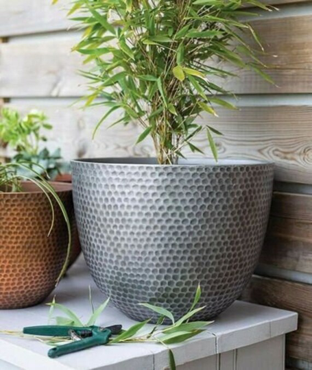 Silver Hammered Large Garden Planters Indoor Round Flowerpot - Recycled Plastic