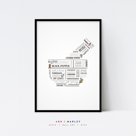 Herbs & Spices Word Art, Mortar Pestle Wall Art - Shipped Giclée Print | Paper, Framed Print, Or Canvas