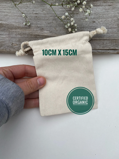 Small Organic Cotton Gift Bag - Strong Plain Drawstring Pouches, Rustic Wedding Favour Jewellery Bags, 10cm X 15cm Bags