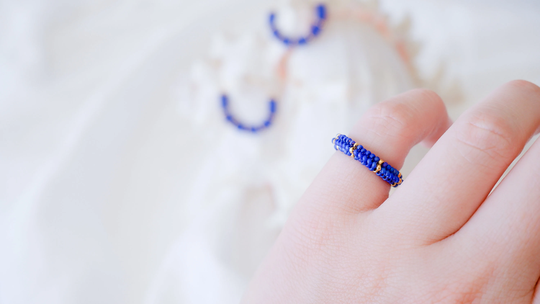 Cobalt Blue Beaded Ring, Seed Bead Unique Ring For Women, Beads Band Unusual Women, Handmade Boho