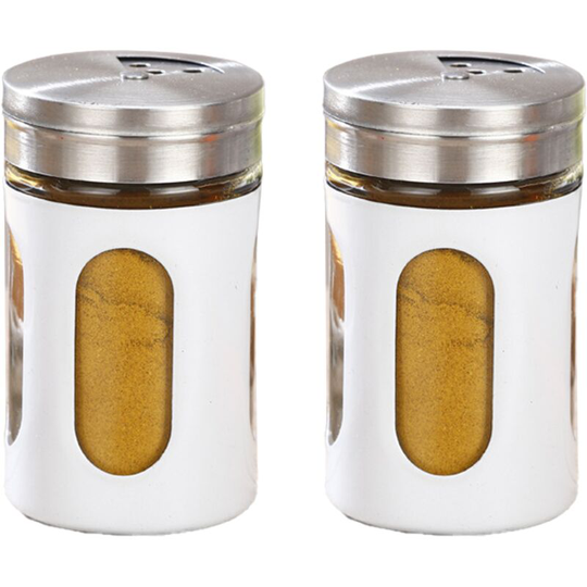 Salt and Pepper Shakers Stainless Steel and Glass Set with Adjustable Pour Holes 2pcs white