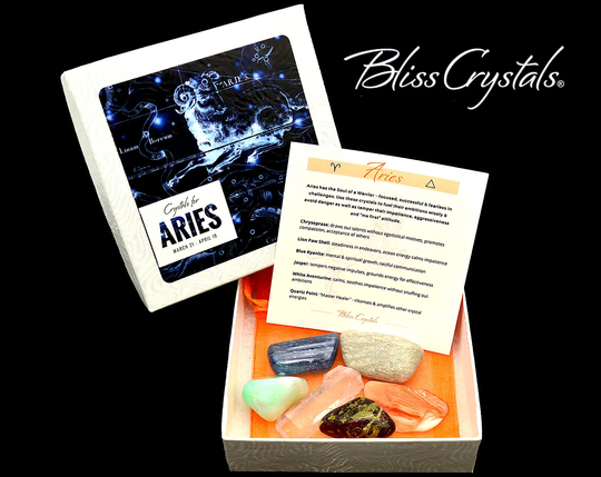 Aries Zodiac Set Of 6 Crystals + Gift Box, Bag & Info Card, Birth Sign #zk24