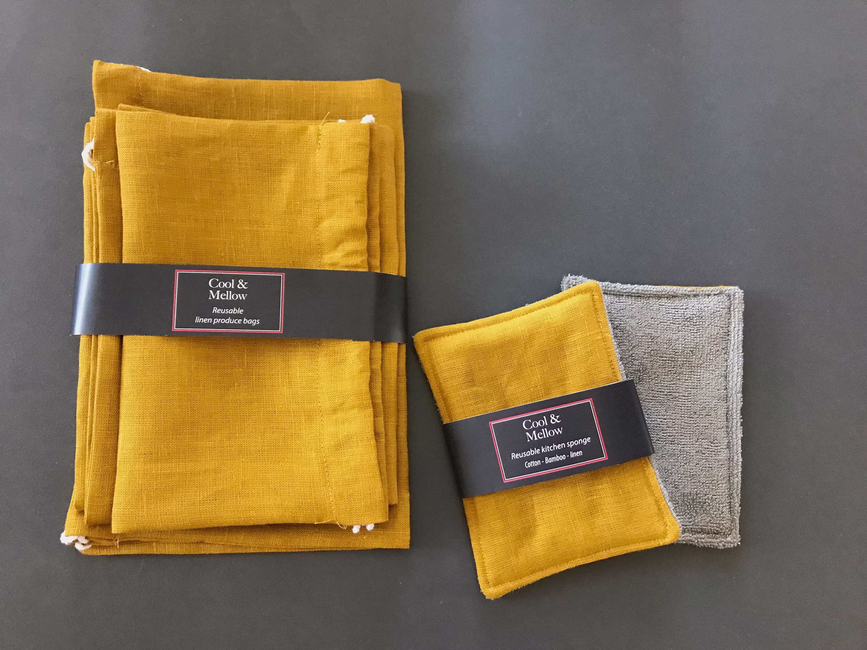 Mustard Yellow Linen Zero Waste Gifts. Set Of 2 Reusable Produce Bags & Kitchen Sponges. Eco-Friendly Kit