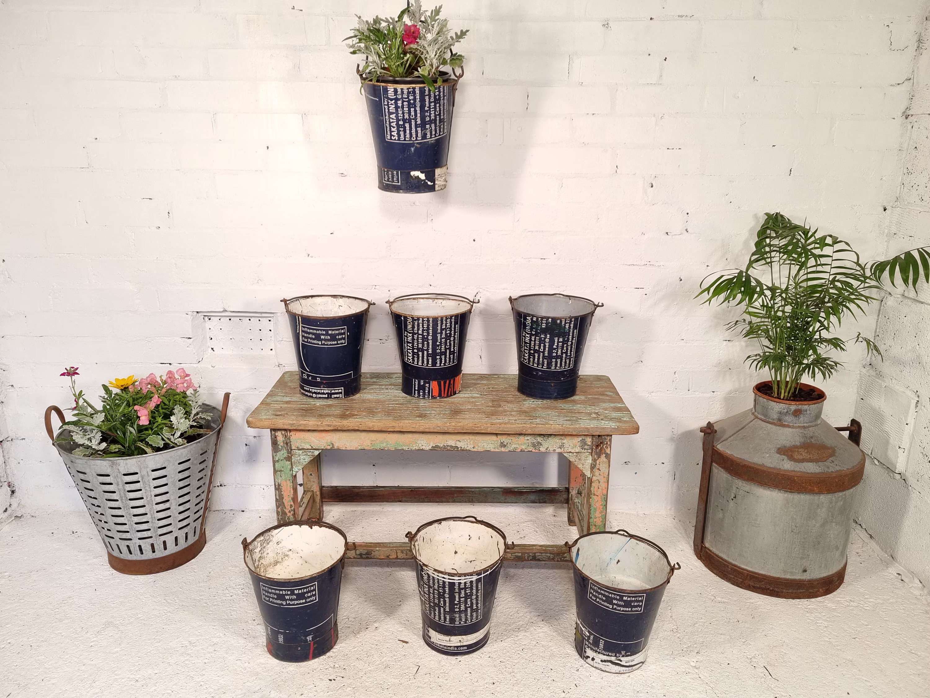 Reclaimed Recycled Hand Made Blue Oil Drum Metal Bucket Garden Planter Bin