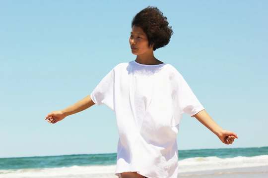 White Organic Linen Kimono Tunic Dress With Back Buttons, Linen Midi Shirt Dress, Womens Clothing, Handmade Australia