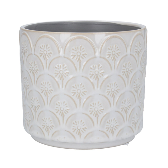 Cream Plant Pot Cover - White Flower Pattern Planter Glazed Ceramic Holder Geometric Arc Indoor House