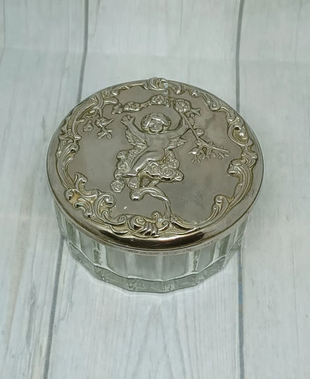 Glass Powder Jar With Silver Tone Lid Repousse Cherub & Internal Mirror ~ Dressing Table Trinket Box