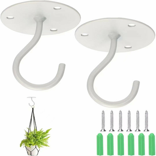 2 Pack Wall Ceiling Hooks, Metal Plant Stand, Iron Wall Hangers for Bird Feeders, Lanterns, Wind Chimes, Planters, Outdoor Decor Hooks (White)