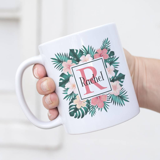 Personalised Tropical Leaves And Hibiscus Initial Mug
