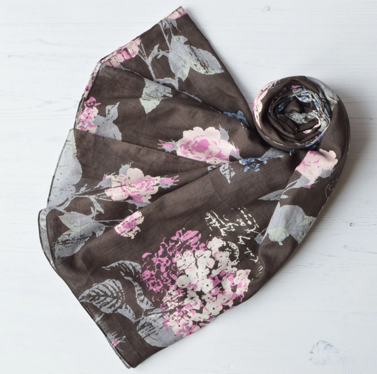 Organic Cotton Scarf Large Mahogany Brown Floral Wrap With Rolled Edges