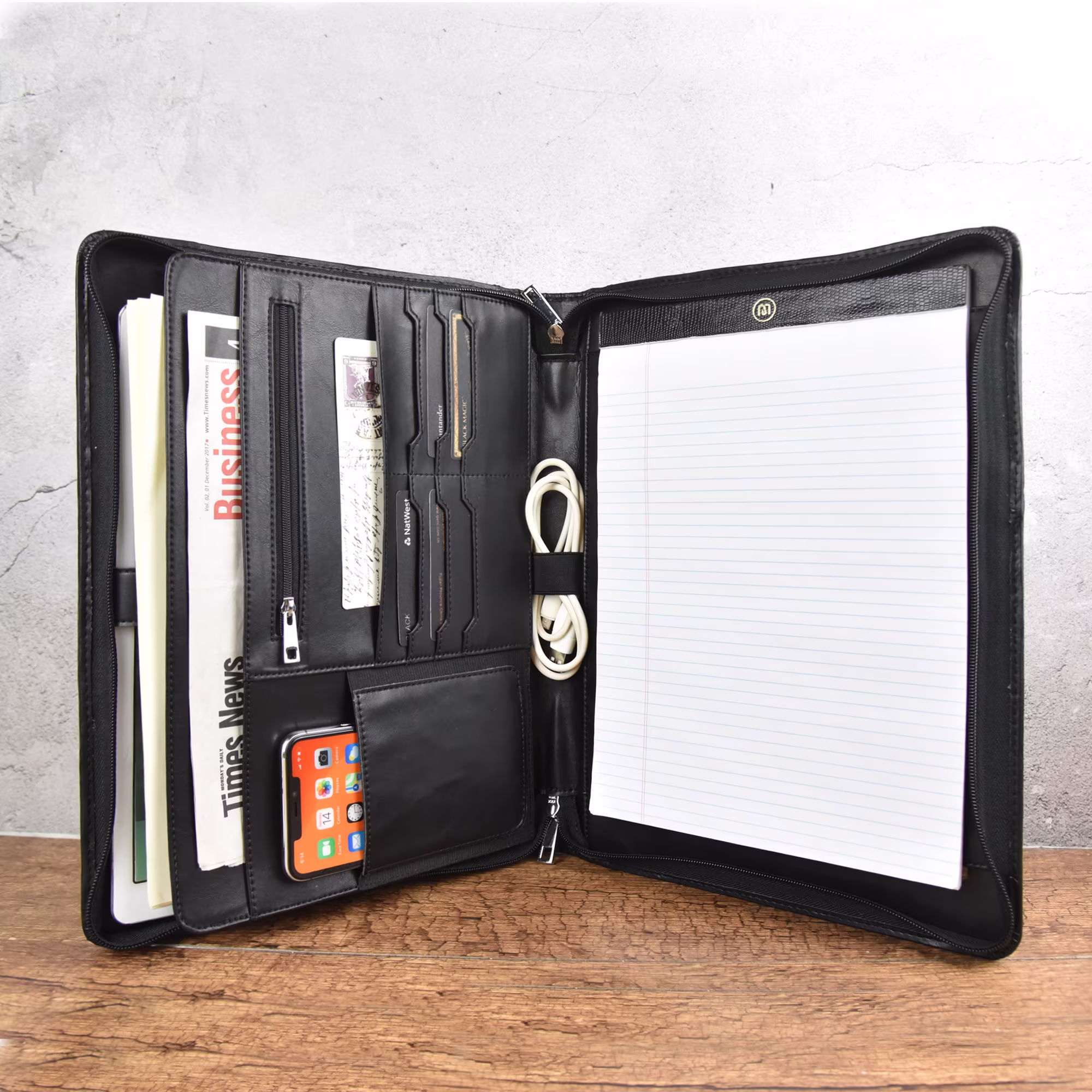 Handmade Vegan Leather Organizer With A4 Notepad Case, Customized Zippered Padfolio, Personalized Anniversary Gift For Him