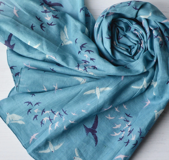 Organic Cotton Large Turquoise Blue Scarf With Murmuration Of Starlings