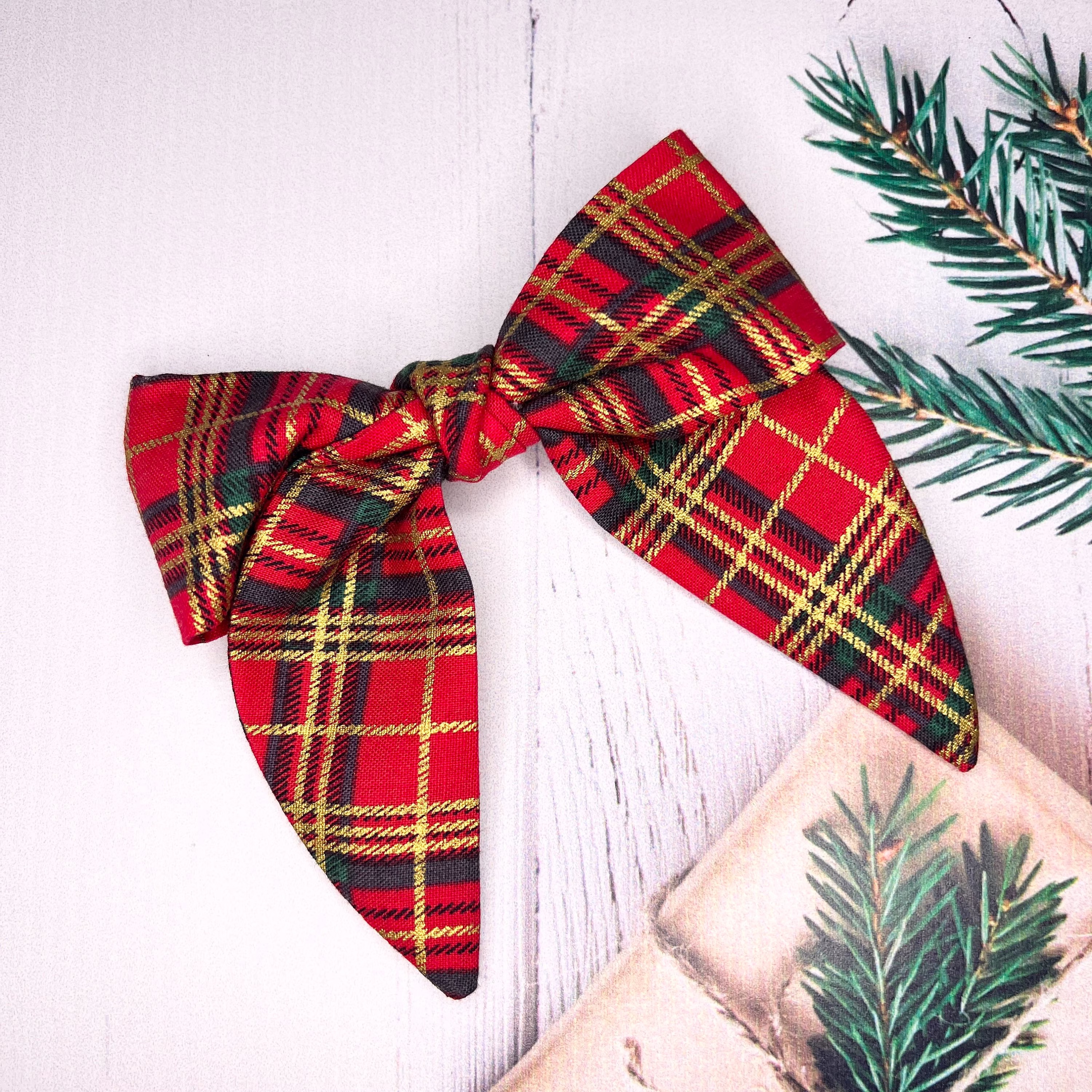 Tartan Hair Bow, Cotton Tied Headband, Christmas Holiday Festive Season Red Hairband, Stocking Stuffer, Gold Bow