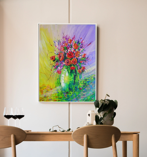 Hibiscus Rosa Sinensis Flower Bouquet in Vase Poppy Wall Art, Red Green Purple Floral Hanging, Vintage Artwork For Bedroom