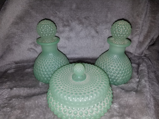 Vintage Irice Green Hobnail Powder Jar & 2 Perfume Bottles