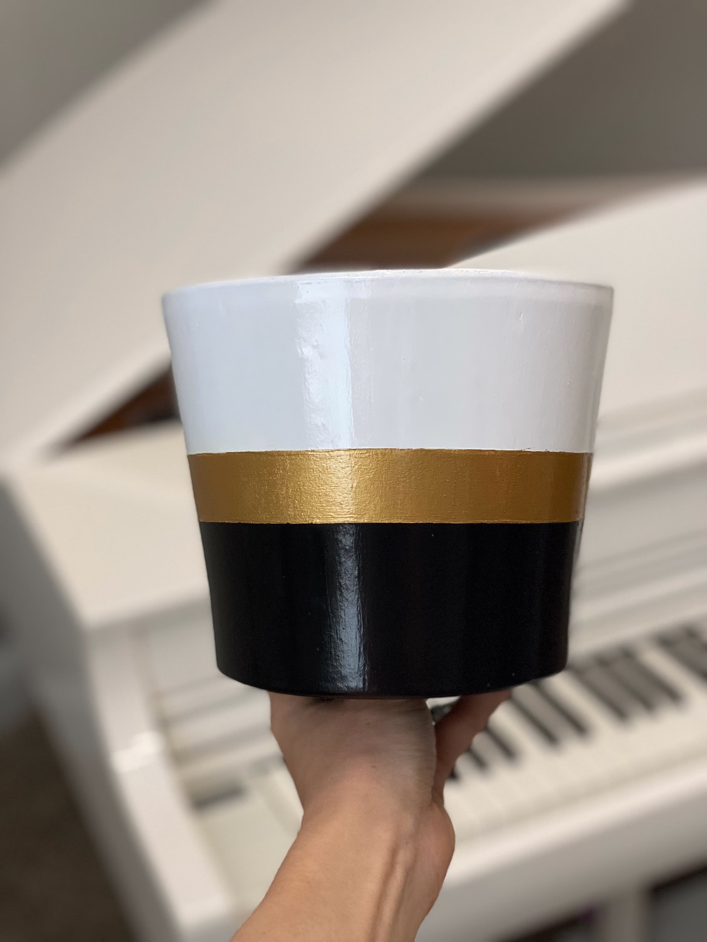 Hand Painted Modern Black, White, & Gold Terracotta Planter - 6.5