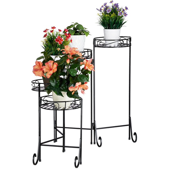Metal Flower Rack, 5-Tier, Round, In- and Outdoor Use, Vintage Plant Stand, Folding, hwd 65x125x23 cm, Black - Relaxdays