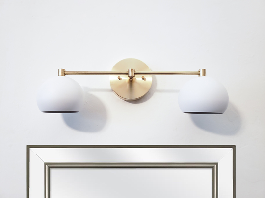 2-Light Vanity Mirror Sconce - Brushed Brass & White Orbs Wall Led Lamp Bath Dimmable Modern Lighting Powder Room Gold Metal Ball