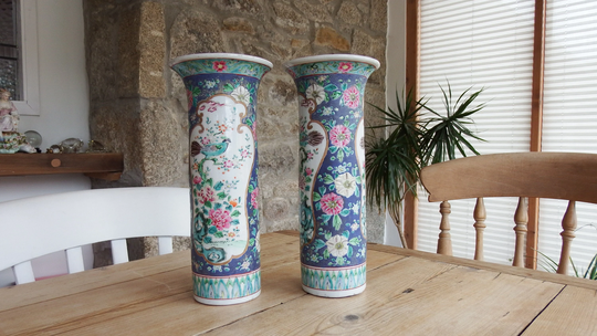 Pair Of Cantonese Enamel Porcelain Sleeve Vases Flowers & Birds in Panels On Powder Blue Ground