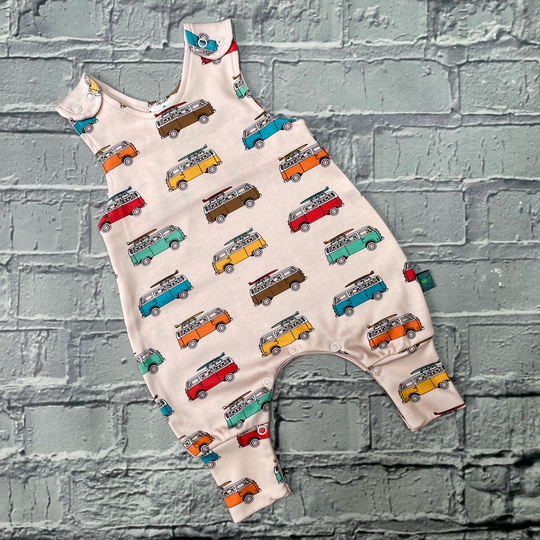 New Organic Campervan Romper, Baby Clothes, Girls Dungarees