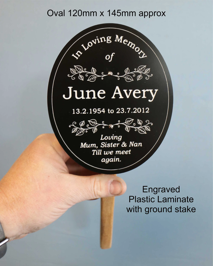 Memorial Plaque Sign With Wooden Ground Stake Engraved Laminate Oval 12 X 14cm Approx Remembrance For Garden Planter Or Grave Marker