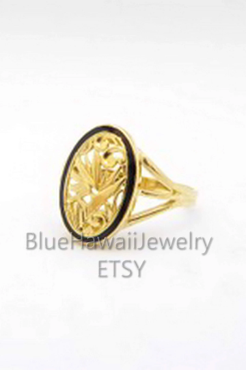 15mm X 9mm Cutout Bird Of Paradise Hawaiian Oval Ring 14Ky Gold Jewelry Made To Order Honolulu Hawaii