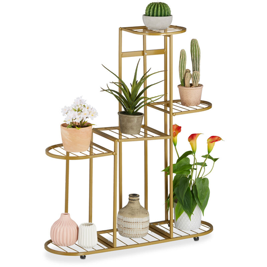 Plant Stand Metal, for 7 Potted Plants, Flower Rack Indoor, Outdoor, HxWxD 82 x 70.5 x 23 cm, Tiered, Gold - Relaxdays