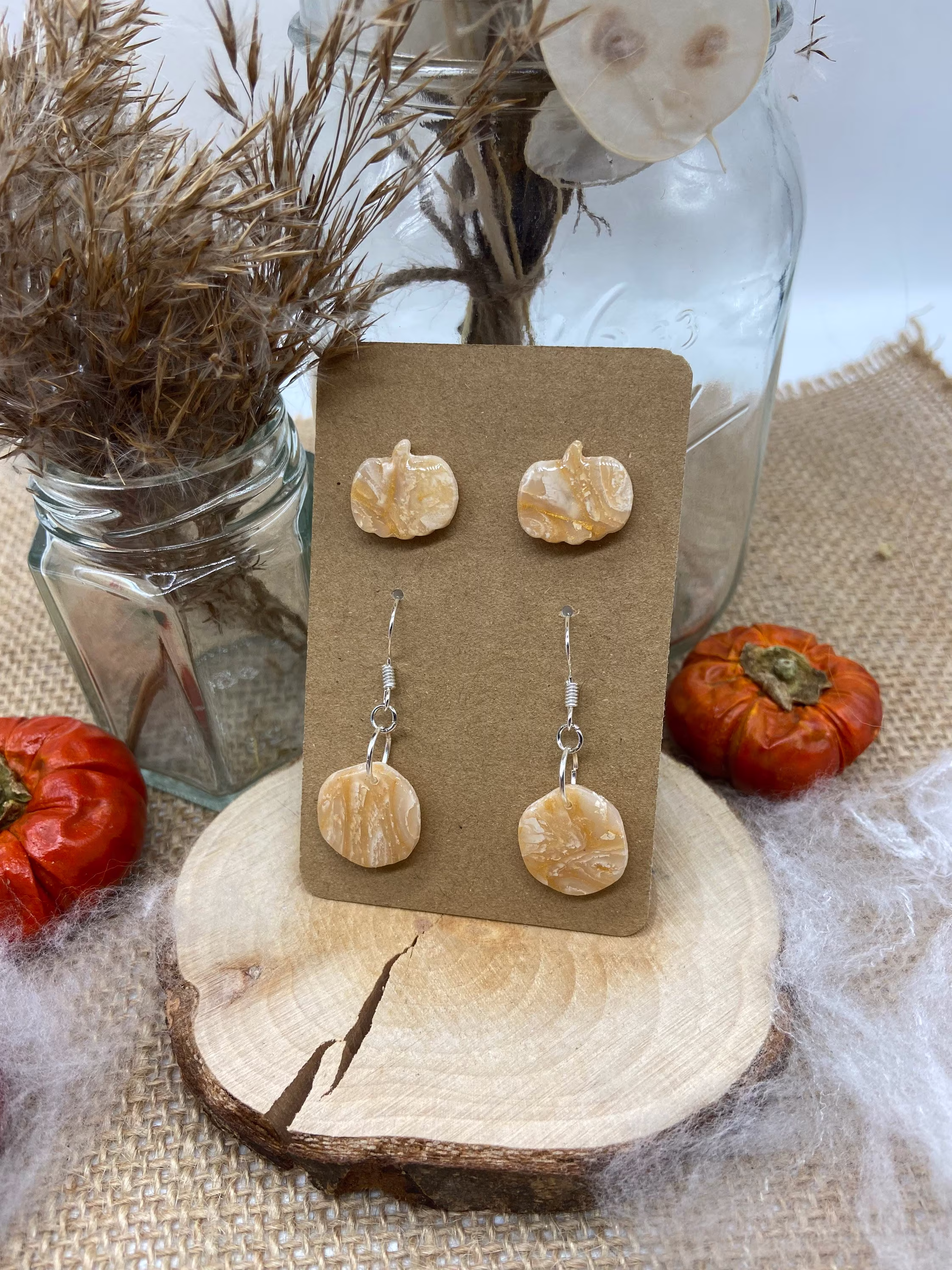 Gold Marbled Pumpkin Stud & Organic Round Drop Earring Gift Set - Halloween Autumn Fall Marble Surgical Steel Sterling Silver