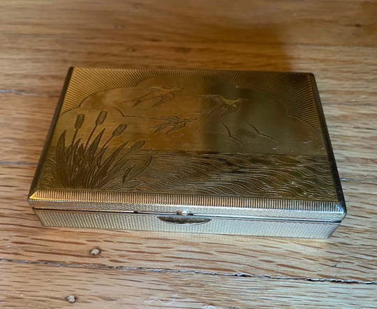 Music Box Powder Compact Etched Swallow & Cat Tail Design Vintage Melissa Made in England Circa 1950S