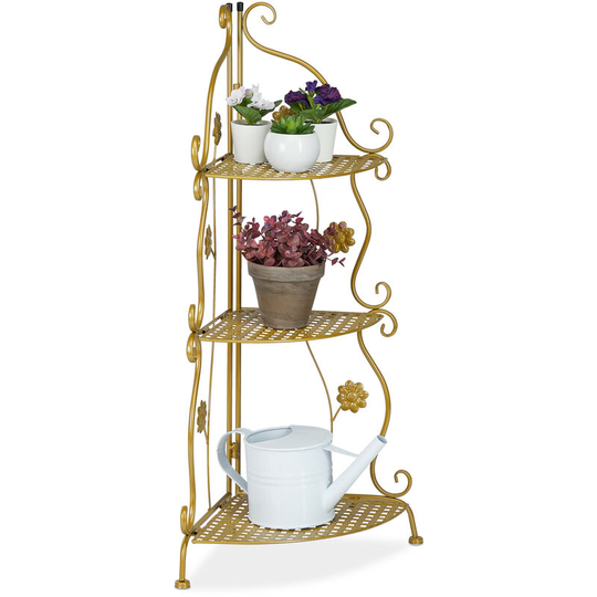 Metal Plant Stand, 3 Tiers, Decorative Rack, Indoor & Outdoor, HxWxD: 82.5 x 31 x 31 cm, Corner Shelf, Gold - Relaxdays