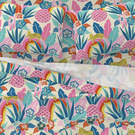Maximalist Tropical Sheets - Colourful Fantasy By Vivdesign Leopard Print Cotton Sateen Sheet Set Bedding Spoonflower
